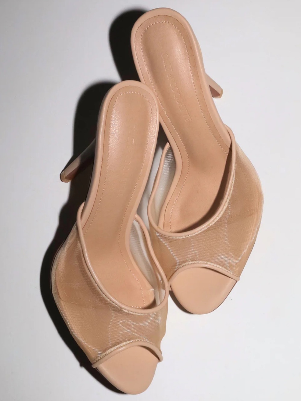 Beige Mesh Peep-Toe Mule Heels - Women